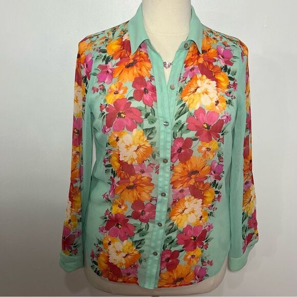 Fig and Flower Mint‎ Green Floral Button Up Long Sleeve Top  -- XL - Picture 5 of 15
